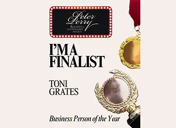 I'm a finalist graphic for Toni Grates